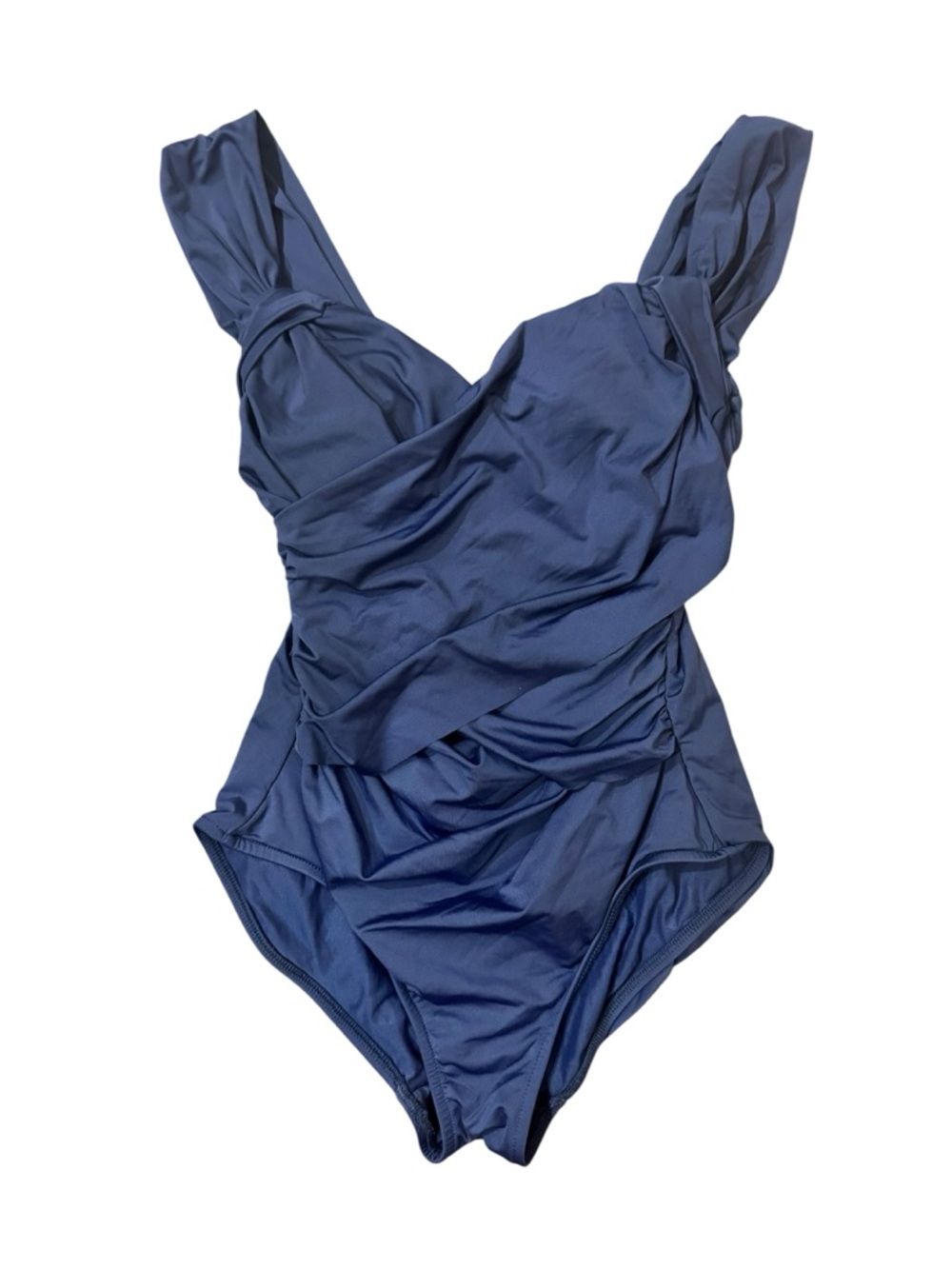 Badgley Mischka Drape Maillot Navy Ruched One-Piece Swimsuit, Size 4